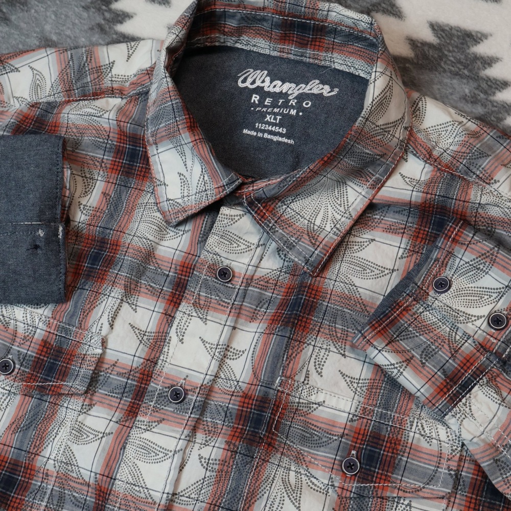 Wrangler Retro Premium Plaid Leaf Print Shirt Mens XLT Tall Orange Blue